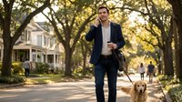 Caucasian male professional in dark blazer and white shirt walking golden retriever on tree-lined residential street during sunny day, suitable for lifestyle, pet care, and business themes.