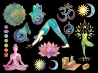 Yoga and meditation symbols collection isolated on transparent background, featuring mandala, hamsa hand, om sign, yin yang, lotus flower, chakras, sun and moon, and yoga poses. Ready for t-shirt design, stickers, clipart, and print-on-demand products.