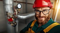 Caucasian male industrial worker with red hard hat, glasses and ginger beard smiling in boiler room with pipes and pressure gauges in manufacturing facility.