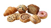 Assorted fresh baked goods including croissant, muffin, cookies, cinnamon roll, donut and bread roll isolated on white background for bakery, cafe and food design projects.