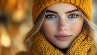Young woman with blue eyes wearing yellow knit beanie and scarf against blurred golden bokeh background, natural makeup and blonde hair framing face in winter portrait.