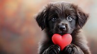 Adorable brown puppy holding red heart shape toy against blurred background. Sweet pet portrait capturing innocent expression and soft fur, perfect for Valentine's day cards.