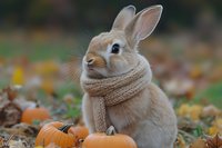 Adorable beige bunny wearing knitted scarf sitting among autumn leaves and pumpkins in garden setting, seasonal fall composition with soft natural lighting.
