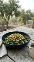 Tabbouleh salad with fresh parsley, tomatoes, and bulgur wheat served in black bowl on rustic wooden table with olive grove backdrop, perfect for food and culinary content.