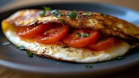 Fresh egg white omelet filled with sliced tomatoes and herbs, served on gray plate with selective focus. Healthy breakfast or brunch meal.