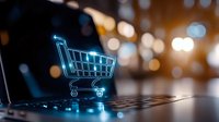 Glowing neon shopping cart icon on laptop keyboard with bokeh lights background represents online shopping and e-commerce technology for retail business.