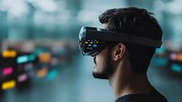 Young bearded man wearing augmented reality headset against blurred background with colorful bokeh lights, modern technology concept for gaming and simulation.
