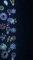 Neon glowing science and technology icons including lightbulbs, gears, atoms, molecules, and brain symbols on dark background for innovation and research concepts.