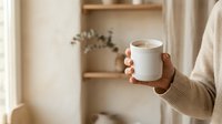 Hands holding warm mug with hot beverage in cozy home interior with wooden shelves and natural light for lifestyle and wellness content.