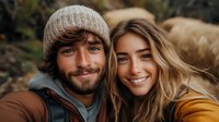 Young Caucasian couple in warm outdoor clothing smiling at camera, close-up portrait. Man with beard wearing beanie, woman in yellow jacket, romantic autumn mood.