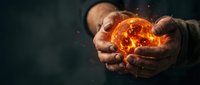 Male hands cupping glowing orange energy orb with fiery flames and sparks against dark background for fantasy and supernatural concepts.