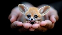 Adorable fennec fox kit with big ears and blue eyes resting in cupped hands against dark background, showing playful expression and tiny paws.