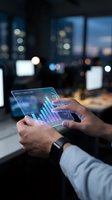 Businessman analyzing financial data on transparent tablet with holographic charts in modern office environment for business intelligence and analytics.