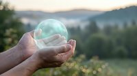Hands holding glowing green crystal ball with mountain landscape background at sunset. Mystical fortune telling and spiritual guidance concept.