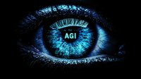 Digital blue eye with AGI text and binary code reflection, representing artificial general intelligence and future technology concept in dark background.