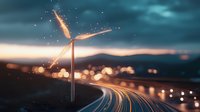 Wind turbine silhouette against dramatic sky at dusk with light trails from passing cars creating dynamic streaks along curved highway, bokeh city lights in background.