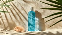 Blue cosmetic bottle with palm leaf shadow on beige background and seashell. Minimalist summer spa composition with natural sunlight pattern.