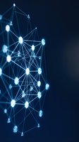 Abstract network connections with glowing nodes and lines on dark blue background for technology and digital communication concepts.