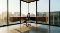 Elegant executive office with a wooden L-shaped desk and ergonomic chair, floor-to-ceiling windows overlooking a city skyline at golden hour.