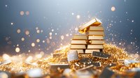 Stack of golden books with magical sparkles and glowing light effects on dark background, creating mystical atmosphere for education and knowledge concepts.