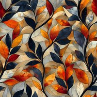 Seamless autumn leaves pattern in navy blue, orange and beige tones creates elegant botanical motif. Repeating design for fabric, wallpaper and surface decoration.