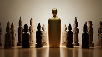 Golden bottle stands prominently among rows of dark and light bottles creating dramatic lighting effect for product showcase and commercial photography.