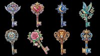 Ornate fantasy keys collection isolated on transparent background, featuring heart, lion, clock, rose, moon, bird, and crown designs for stickers, clipart, and t-shirt design.