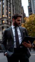 Confident businessman in plaid suit checking tablet device on city street. Modern professional against urban backdrop with autumn trees and office buildings.