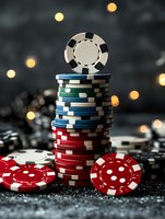 Stack of colorful poker chips with white, blue, green and red tokens against dark background with bokeh lights for gambling and casino concepts.