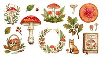 Vintage botanical mushroom and forest elements collection with fox, basket, and mycology book for autumn design projects.