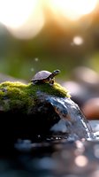 Tiny turtle on moss-covered rock in shallow water with soft bokeh background, suitable for nature, wildlife, and environmental design projects.