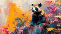 Artistic raccoon portrait against vibrant orange and pink floral background with watercolor effects, wildlife art style for wall decor and prints.