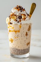 Creamy banana smoothie with chia seeds, caramel drizzle, whipped cream, chocolate sprinkles and fresh banana slices in glass. Golden spoon garnish on marble surface.