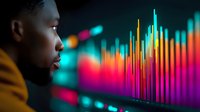 Young African American man in profile analyzing colorful financial market data charts and graphs on digital display screen in dark environment with neon lighting effects.
