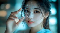 Young Asian woman touching face with glowing digital network connections overlay representing AI technology, skincare innovation and futuristic beauty concepts.