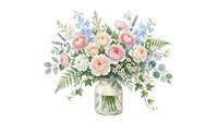 Watercolor floral bouquet with pink roses, white peonies and eucalyptus in glass vase isolated on white background for wedding invitations and greeting cards.