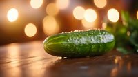 Fresh whole cucumber with water drops on wooden surface against blurred warm bokeh lights background creating cozy atmosphere for food photography.
