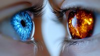 Close-up macro shot of heterochromatic eyes showing dramatic contrast between bright blue ice-like iris and fiery amber orange iris with long eyelashes against pale skin.