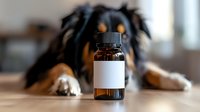 Dog medicine bottle with blank label on wooden table with blurred pet in background for veterinary healthcare and pharmaceutical product mockup.