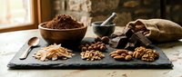 Artisanal chocolate pieces with cocoa powder, nuts and spices arranged on dark slate board in rustic kitchen setting for gourmet cooking and baking.