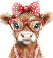 Adorable highland cow calf wearing red polka dot bow and glasses, smiling face portrait on white background, nursery art style illustration.