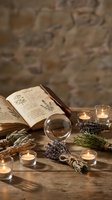 Open herbal reference book with botanical illustrations surrounded by dried lavender bundles, lit candles, crystal sphere, and twine on wooden surface for wellness and natural medicine study.