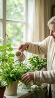Senior Caucasian woman watering indoor plants by sunny window wearing cozy sweater in bright home interior for gardening and retirement lifestyle.