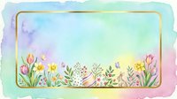 Watercolor spring flowers with tulips, daffodils, and wildflowers arranged along bottom border on soft pastel gradient background. Isolated design element ready for greeting cards, invitations, and print projects.