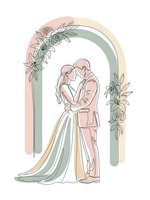 Romantic wedding couple embracing under floral arch in soft pastel colors, line art style for invitations and ceremony decor.