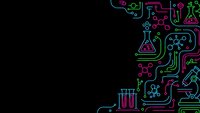 Science laboratory equipment circuit board design with colorful neon glowing chemistry symbols on black background for technology presentations.