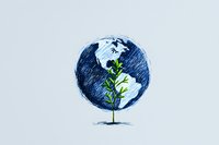 Young green plant growing from sketched Earth globe in blue and white tones, representing environmental conservation and global growth on light background.