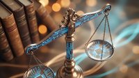 Ornate bronze scales of justice with decorative blue accents on wooden desk with law books and warm bokeh lighting for legal concepts.