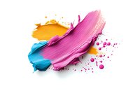 Vibrant cosmetic smears of pink, yellow and blue cream texture with splashes on white background, isolated makeup product swatches for beauty industry.
