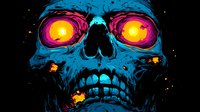 Glowing neon blue skull with vibrant pink and yellow illuminated eye sockets against dark background, artistic design with paint splatter effects and mystical atmosphere.